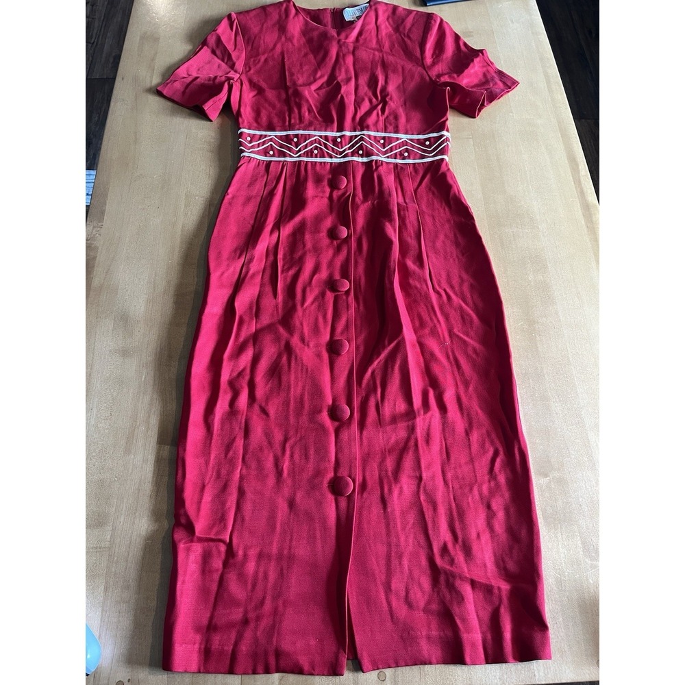 Julian Taylor Red Midi Sheath Dress‎ Short Sleeve Tie Back Button Detail Size 8
